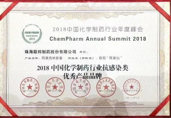 中國化學制藥行業抗感染優秀產品品牌（聯邦阿莫仙）